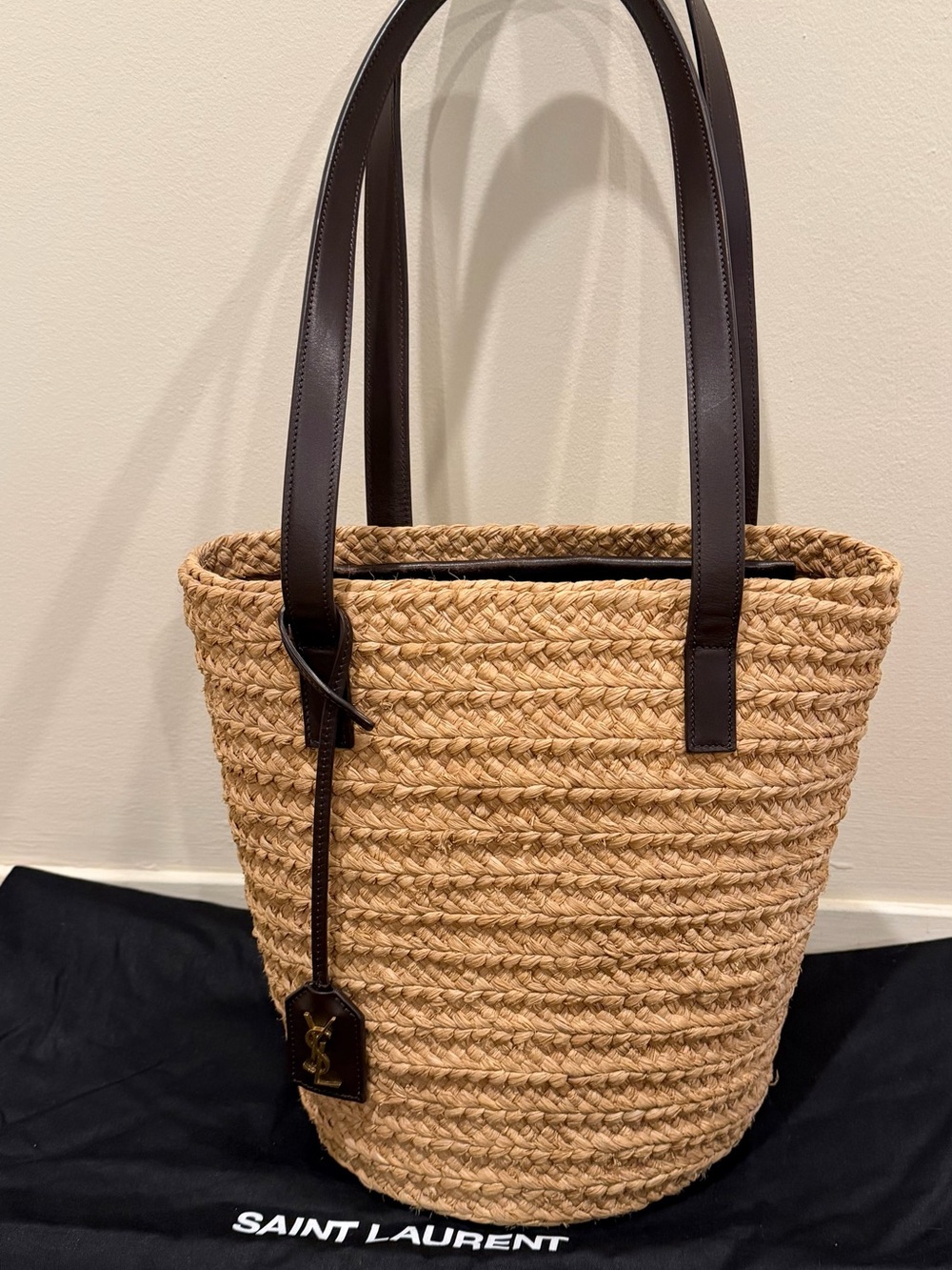 Saint Laurent Panier Raffia Tote with Dark Brown Leather Trim - Picture 1 of 6
